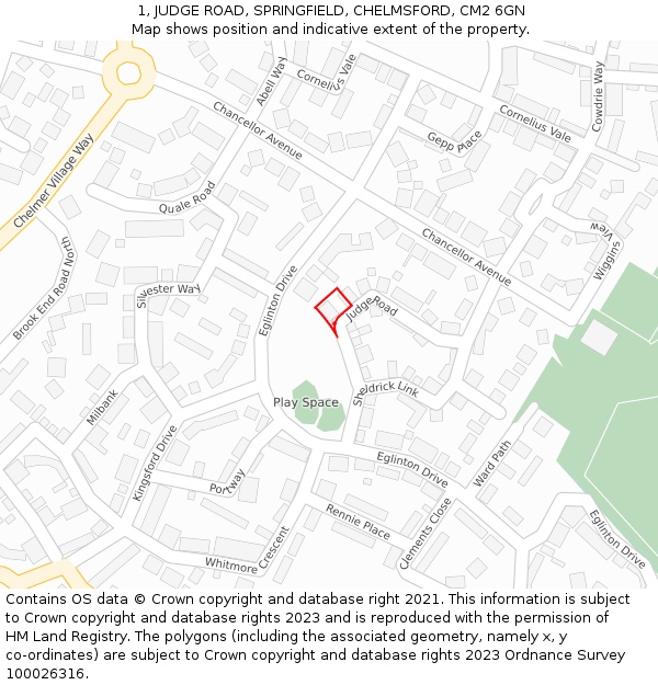 1, JUDGE ROAD, SPRINGFIELD, CHELMSFORD, CM2 6GN: Location map and indicative extent of plot