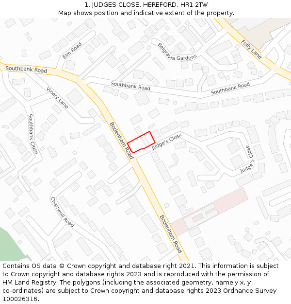 1, JUDGES CLOSE, HEREFORD, HR1 2TW: Location map and indicative extent of plot