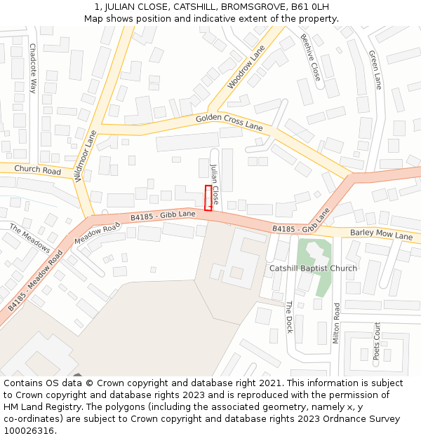 1, JULIAN CLOSE, CATSHILL, BROMSGROVE, B61 0LH: Location map and indicative extent of plot