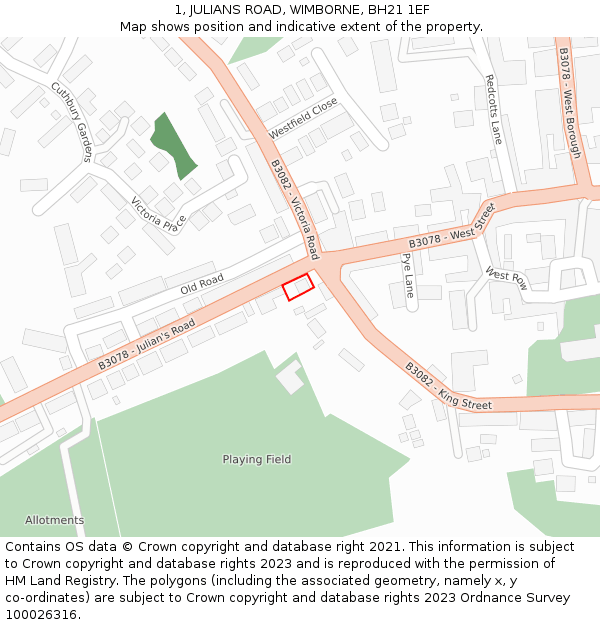 1, JULIANS ROAD, WIMBORNE, BH21 1EF: Location map and indicative extent of plot