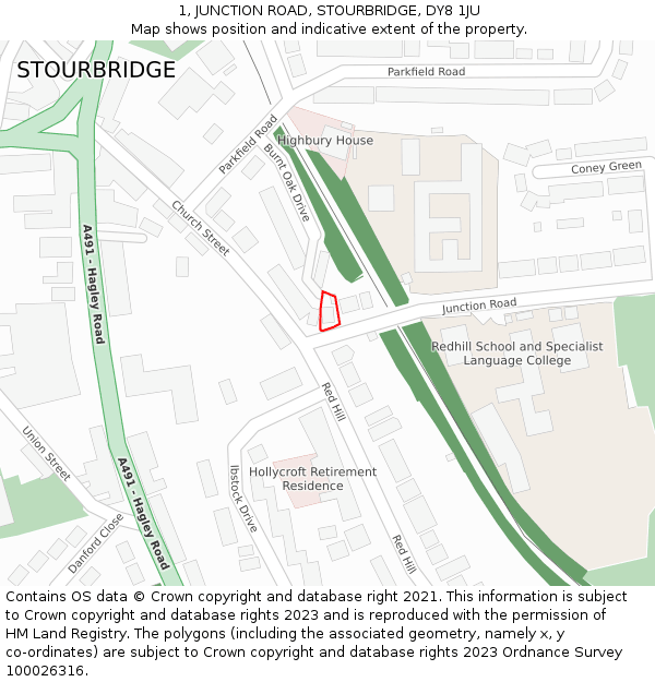 1, JUNCTION ROAD, STOURBRIDGE, DY8 1JU: Location map and indicative extent of plot