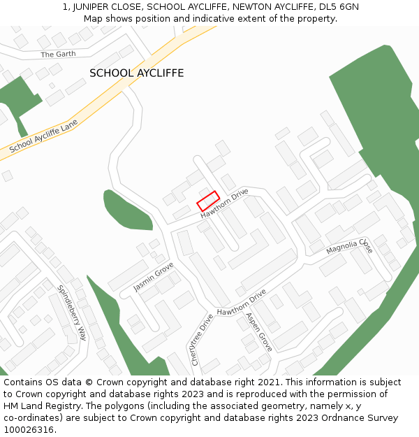 1, JUNIPER CLOSE, SCHOOL AYCLIFFE, NEWTON AYCLIFFE, DL5 6GN: Location map and indicative extent of plot