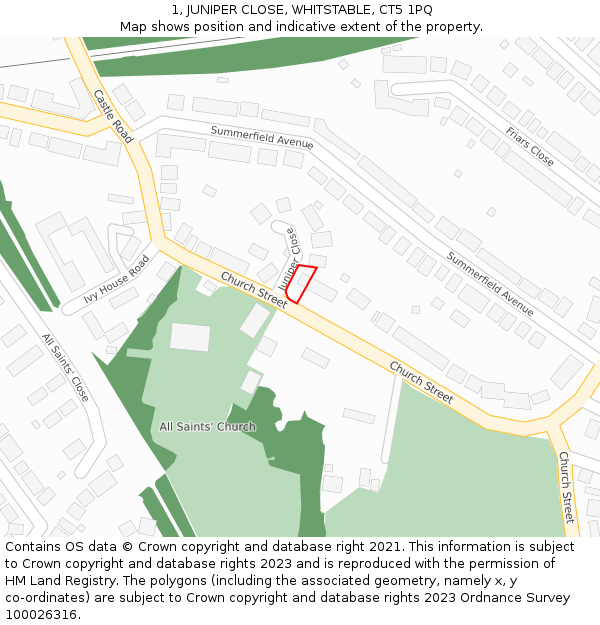 1, JUNIPER CLOSE, WHITSTABLE, CT5 1PQ: Location map and indicative extent of plot