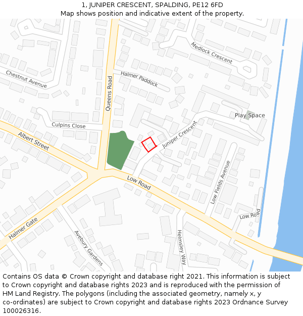 1, JUNIPER CRESCENT, SPALDING, PE12 6FD: Location map and indicative extent of plot