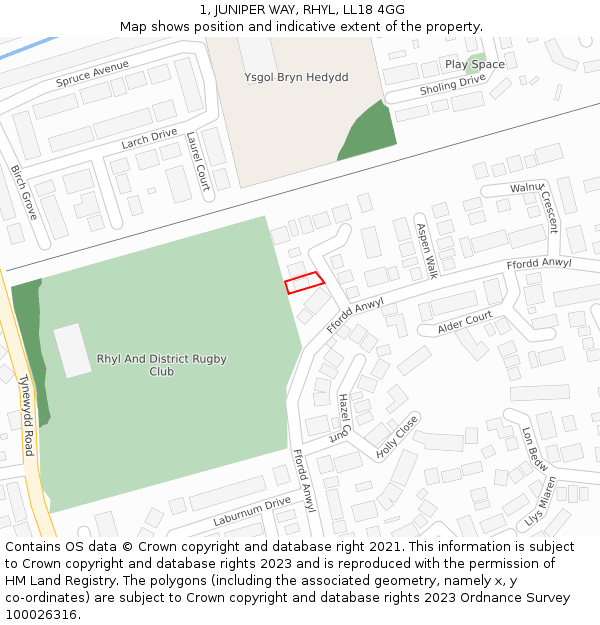 1, JUNIPER WAY, RHYL, LL18 4GG: Location map and indicative extent of plot