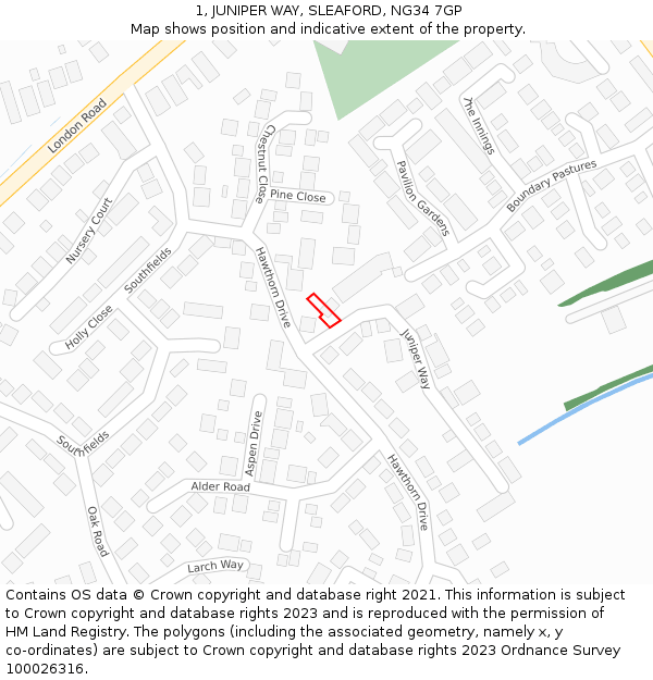 1, JUNIPER WAY, SLEAFORD, NG34 7GP: Location map and indicative extent of plot