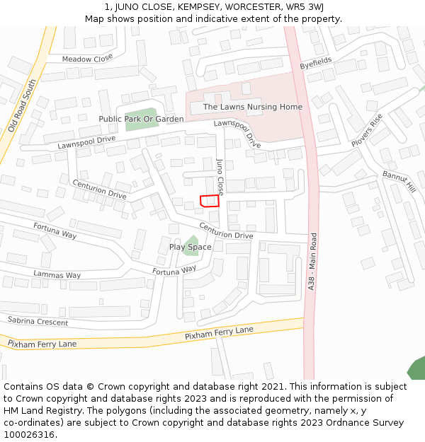 1, JUNO CLOSE, KEMPSEY, WORCESTER, WR5 3WJ: Location map and indicative extent of plot