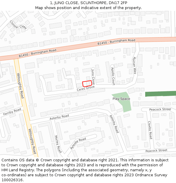 1, JUNO CLOSE, SCUNTHORPE, DN17 2FP: Location map and indicative extent of plot