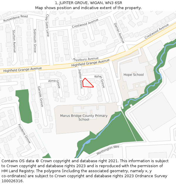 1, JUPITER GROVE, WIGAN, WN3 6SR: Location map and indicative extent of plot
