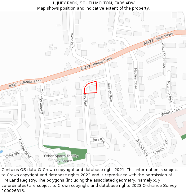 1, JURY PARK, SOUTH MOLTON, EX36 4DW: Location map and indicative extent of plot