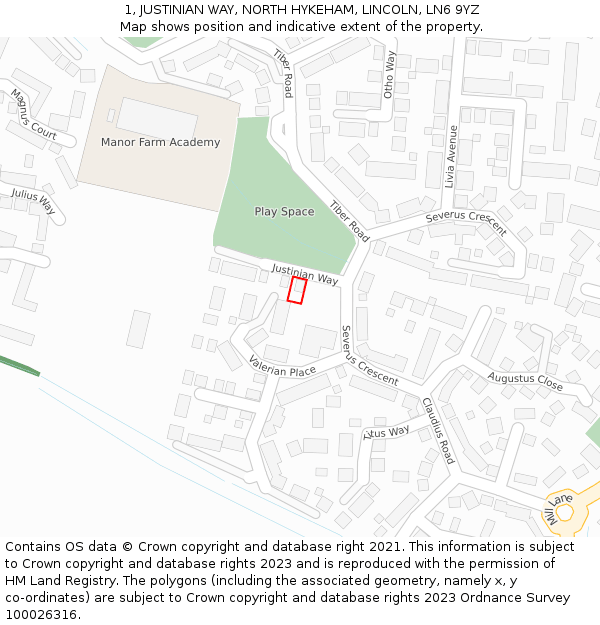 1, JUSTINIAN WAY, NORTH HYKEHAM, LINCOLN, LN6 9YZ: Location map and indicative extent of plot