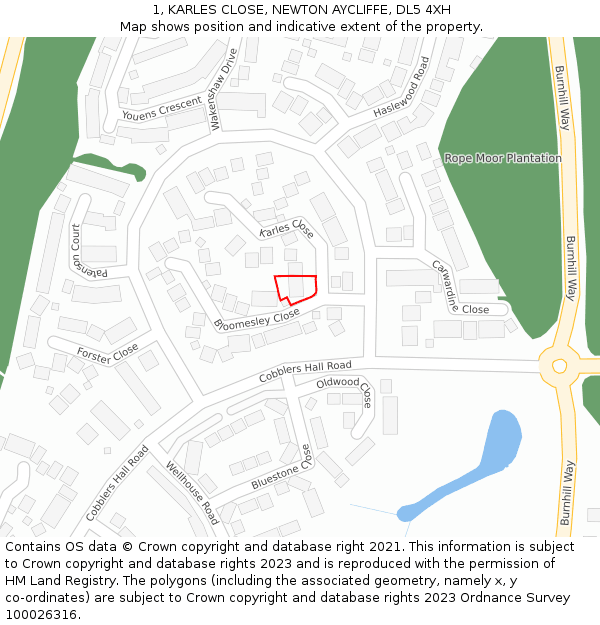 1, KARLES CLOSE, NEWTON AYCLIFFE, DL5 4XH: Location map and indicative extent of plot