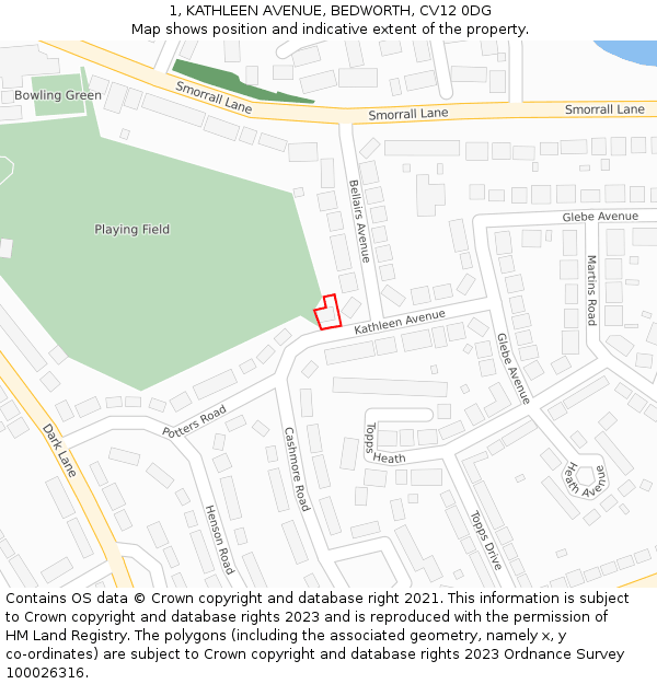 1, KATHLEEN AVENUE, BEDWORTH, CV12 0DG: Location map and indicative extent of plot