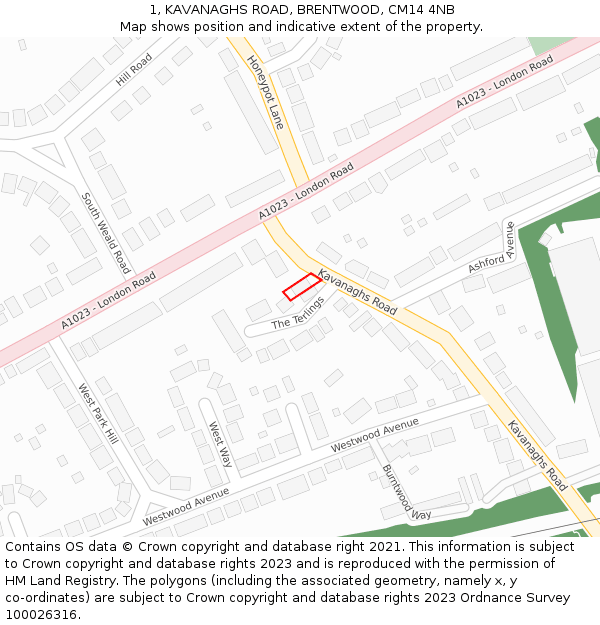 1, KAVANAGHS ROAD, BRENTWOOD, CM14 4NB: Location map and indicative extent of plot