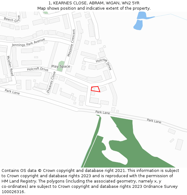 1, KEARNES CLOSE, ABRAM, WIGAN, WN2 5YR: Location map and indicative extent of plot