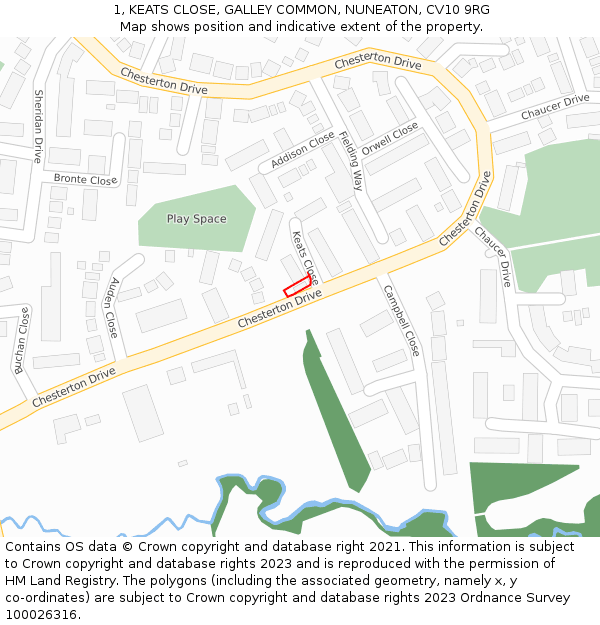 1, KEATS CLOSE, GALLEY COMMON, NUNEATON, CV10 9RG: Location map and indicative extent of plot