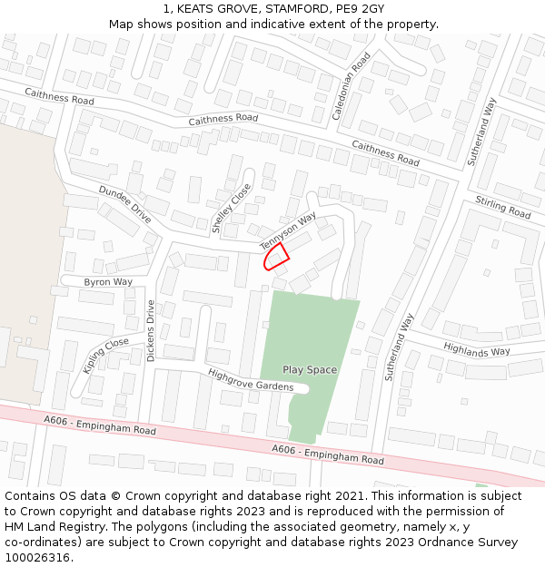 1, KEATS GROVE, STAMFORD, PE9 2GY: Location map and indicative extent of plot