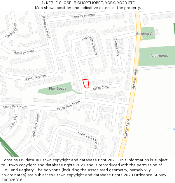 1, KEBLE CLOSE, BISHOPTHORPE, YORK, YO23 2TE: Location map and indicative extent of plot