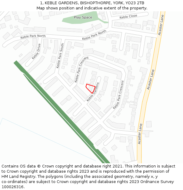 1, KEBLE GARDENS, BISHOPTHORPE, YORK, YO23 2TB: Location map and indicative extent of plot