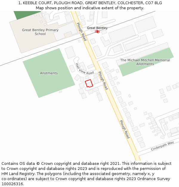 1, KEEBLE COURT, PLOUGH ROAD, GREAT BENTLEY, COLCHESTER, CO7 8LG: Location map and indicative extent of plot