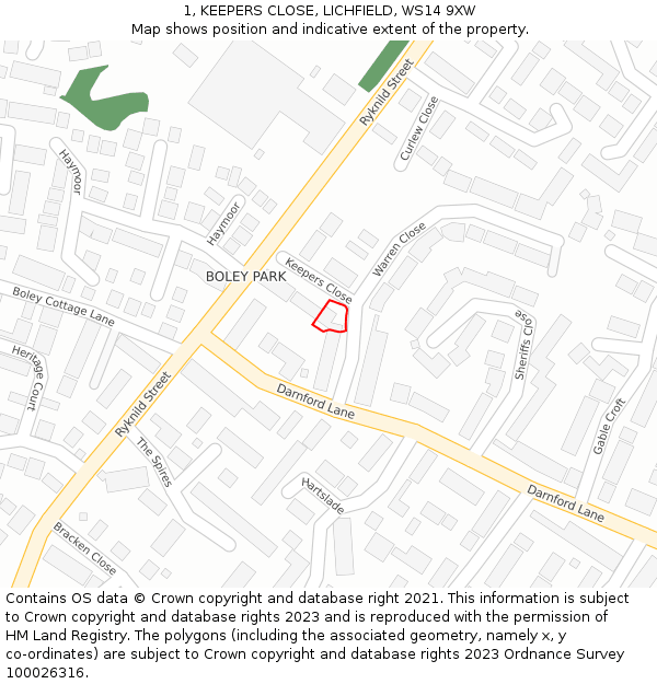 1, KEEPERS CLOSE, LICHFIELD, WS14 9XW: Location map and indicative extent of plot