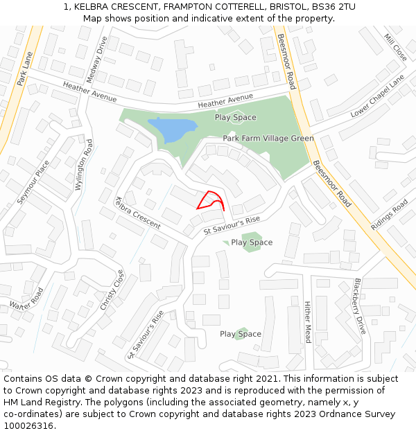 1, KELBRA CRESCENT, FRAMPTON COTTERELL, BRISTOL, BS36 2TU: Location map and indicative extent of plot