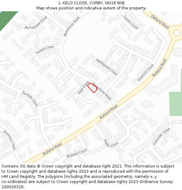 1, KELD CLOSE, CORBY, NN18 8NE: Location map and indicative extent of plot