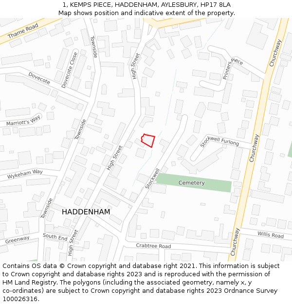1, KEMPS PIECE, HADDENHAM, AYLESBURY, HP17 8LA: Location map and indicative extent of plot