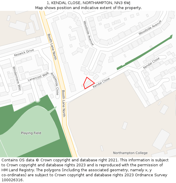 1, KENDAL CLOSE, NORTHAMPTON, NN3 6WJ: Location map and indicative extent of plot
