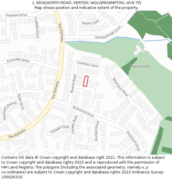 1, KENILWORTH ROAD, PERTON, WOLVERHAMPTON, WV6 7PJ: Location map and indicative extent of plot