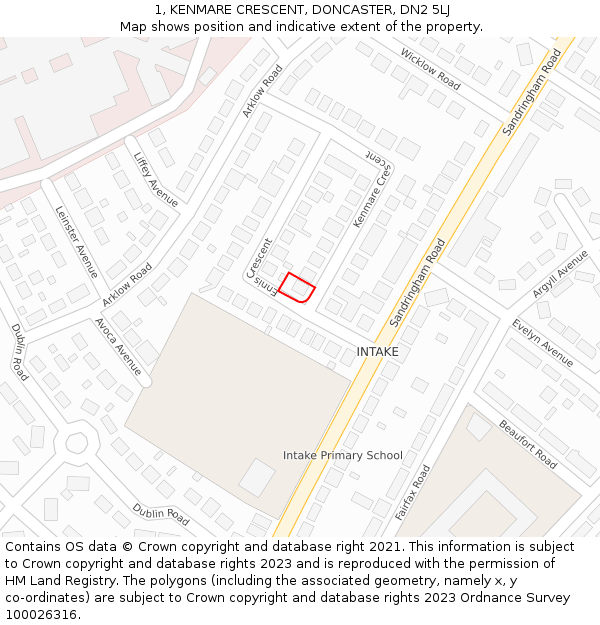 1, KENMARE CRESCENT, DONCASTER, DN2 5LJ: Location map and indicative extent of plot