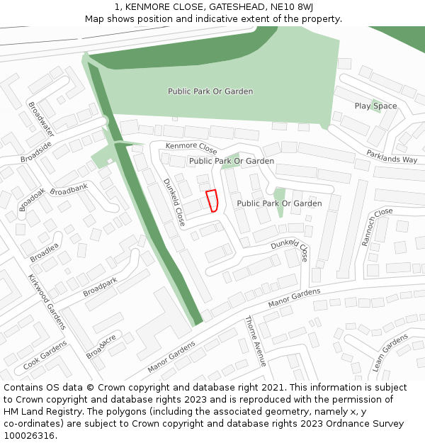 1, KENMORE CLOSE, GATESHEAD, NE10 8WJ: Location map and indicative extent of plot