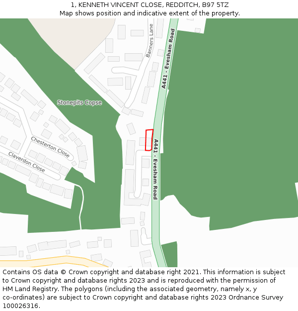 1, KENNETH VINCENT CLOSE, REDDITCH, B97 5TZ: Location map and indicative extent of plot
