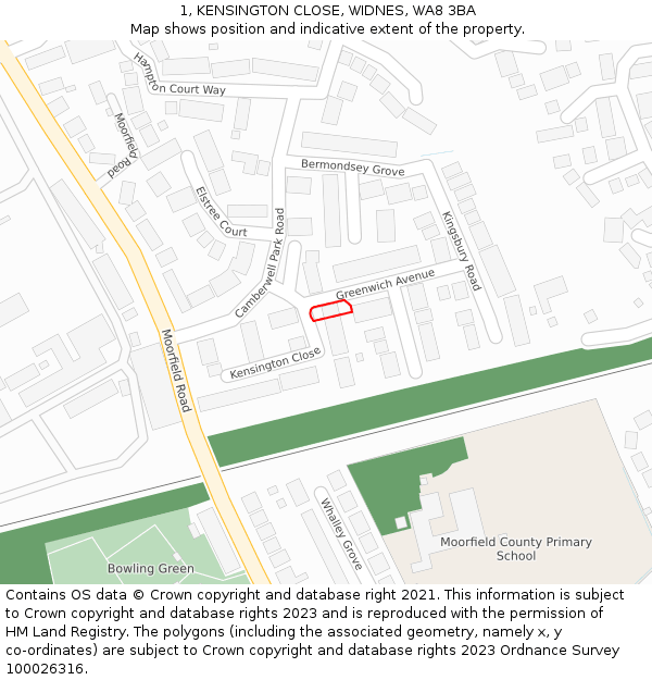 1, KENSINGTON CLOSE, WIDNES, WA8 3BA: Location map and indicative extent of plot