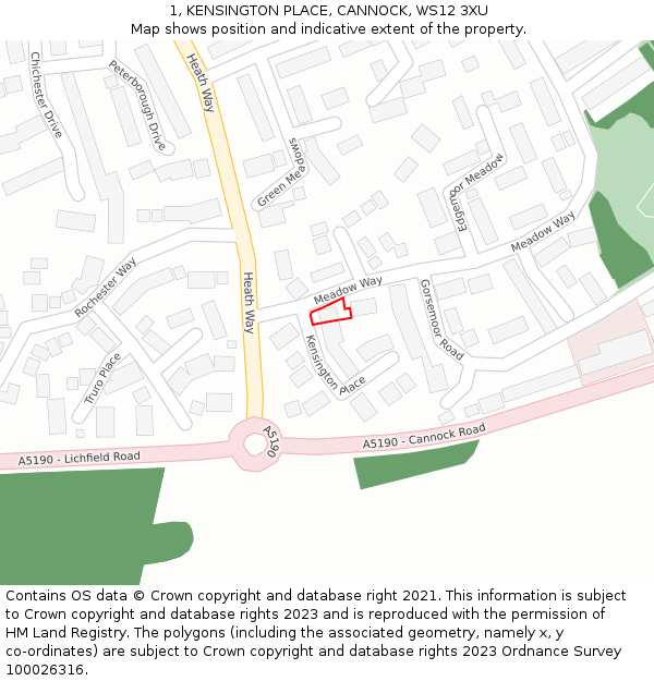 1, KENSINGTON PLACE, CANNOCK, WS12 3XU: Location map and indicative extent of plot