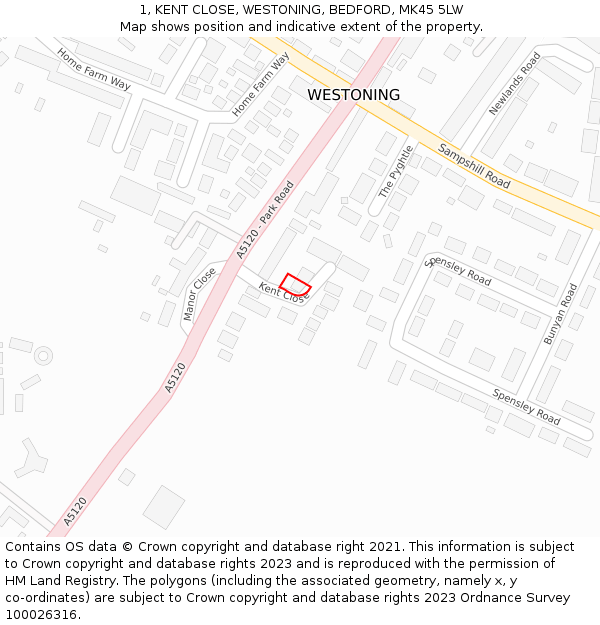 1, KENT CLOSE, WESTONING, BEDFORD, MK45 5LW: Location map and indicative extent of plot