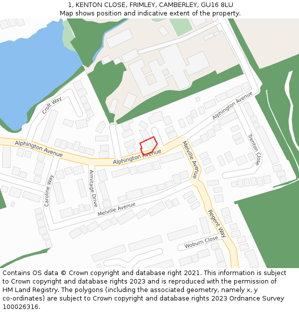 1, KENTON CLOSE, FRIMLEY, CAMBERLEY, GU16 8LU: Location map and indicative extent of plot