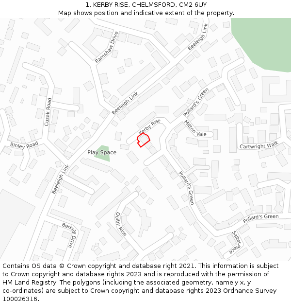 1, KERBY RISE, CHELMSFORD, CM2 6UY: Location map and indicative extent of plot