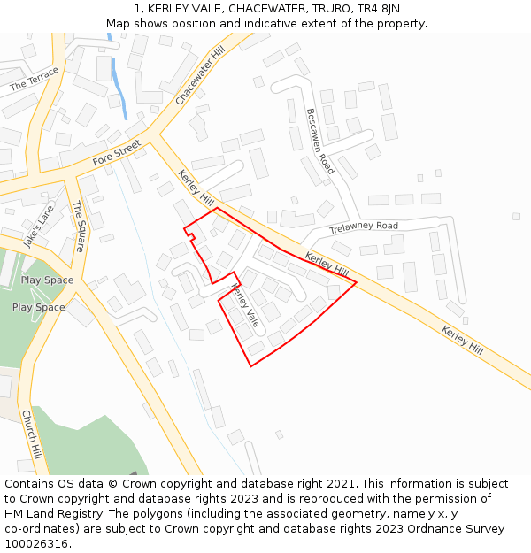 1, KERLEY VALE, CHACEWATER, TRURO, TR4 8JN: Location map and indicative extent of plot
