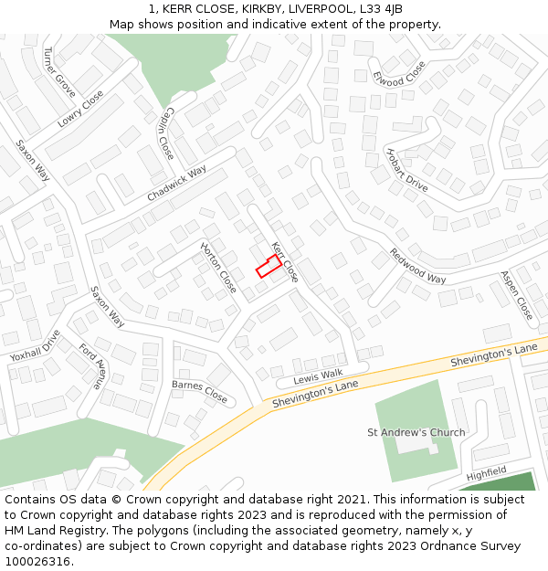 1, KERR CLOSE, KIRKBY, LIVERPOOL, L33 4JB: Location map and indicative extent of plot