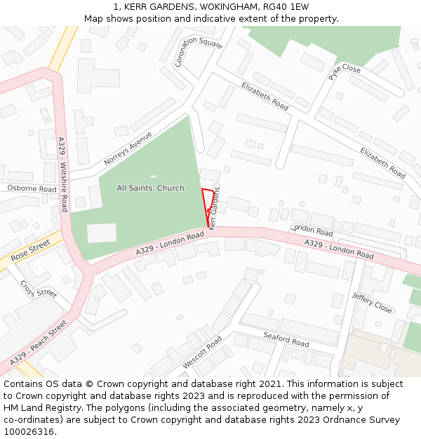 1, KERR GARDENS, WOKINGHAM, RG40 1EW: Location map and indicative extent of plot