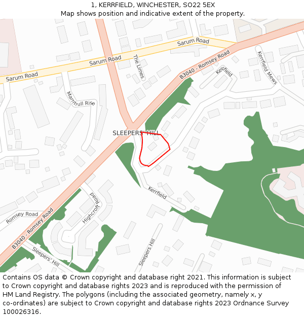 1, KERRFIELD, WINCHESTER, SO22 5EX: Location map and indicative extent of plot