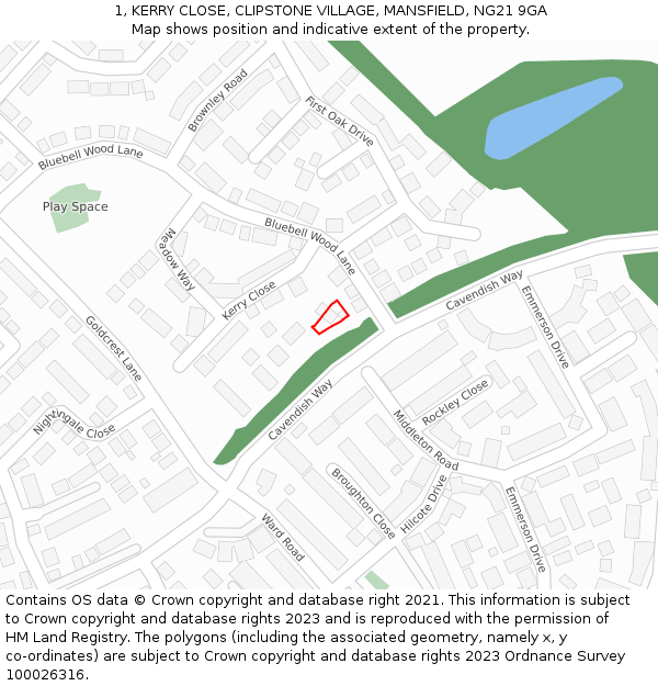 1, KERRY CLOSE, CLIPSTONE VILLAGE, MANSFIELD, NG21 9GA: Location map and indicative extent of plot