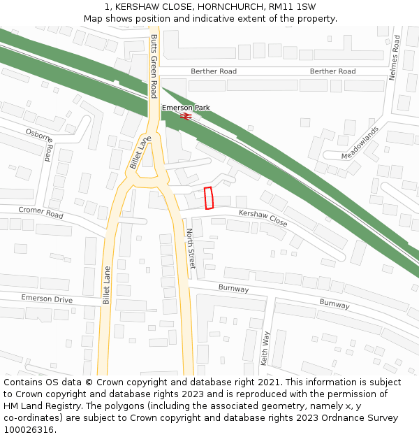 1, KERSHAW CLOSE, HORNCHURCH, RM11 1SW: Location map and indicative extent of plot
