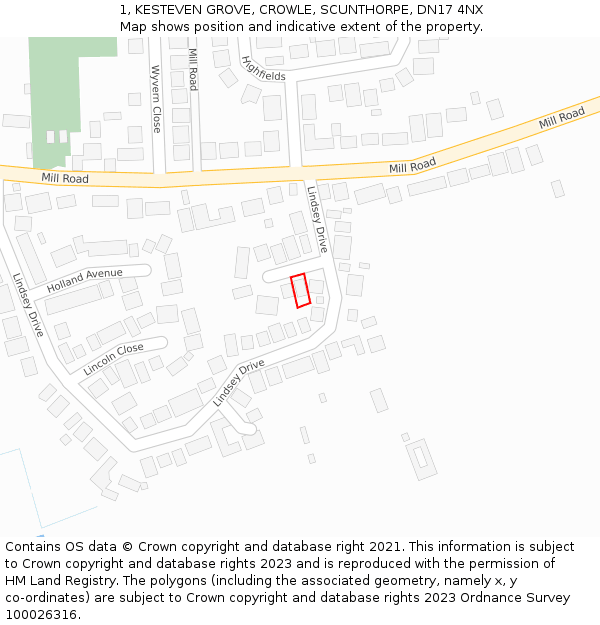 1, KESTEVEN GROVE, CROWLE, SCUNTHORPE, DN17 4NX: Location map and indicative extent of plot