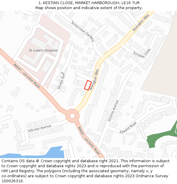 1, KESTIAN CLOSE, MARKET HARBOROUGH, LE16 7UR: Location map and indicative extent of plot