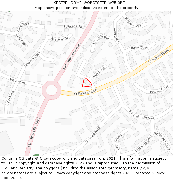 1, KESTREL DRIVE, WORCESTER, WR5 3RZ: Location map and indicative extent of plot