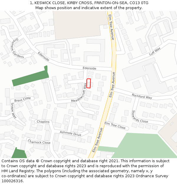 1, KESWICK CLOSE, KIRBY CROSS, FRINTON-ON-SEA, CO13 0TG: Location map and indicative extent of plot