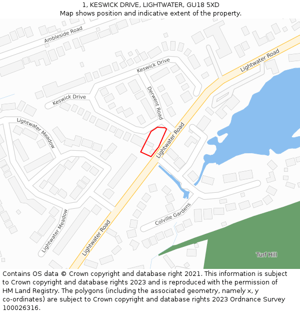 1, KESWICK DRIVE, LIGHTWATER, GU18 5XD: Location map and indicative extent of plot