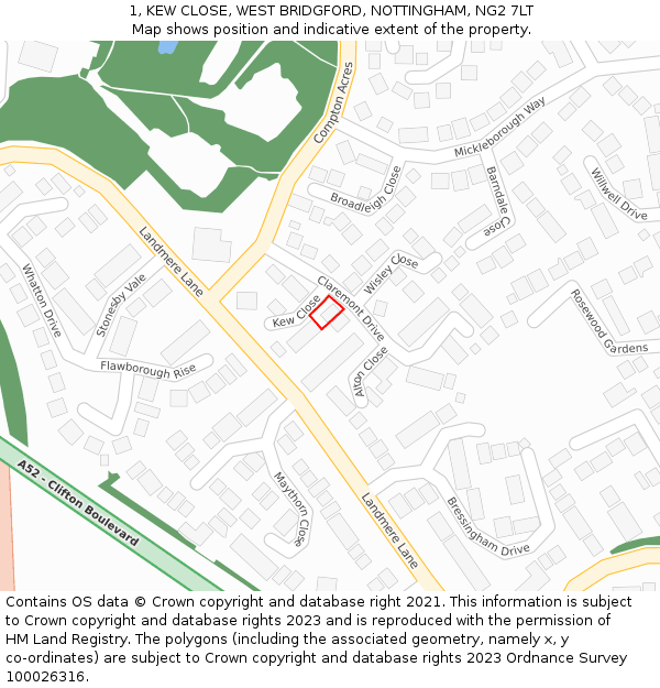 1, KEW CLOSE, WEST BRIDGFORD, NOTTINGHAM, NG2 7LT: Location map and indicative extent of plot